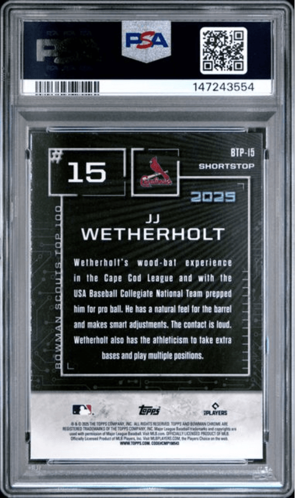 Graded 2025 Topps Bowman JJ Wetherholt #BTP15 Scouts Top 100 Rookie RC Baseball Card PSA 10 Gem Mint