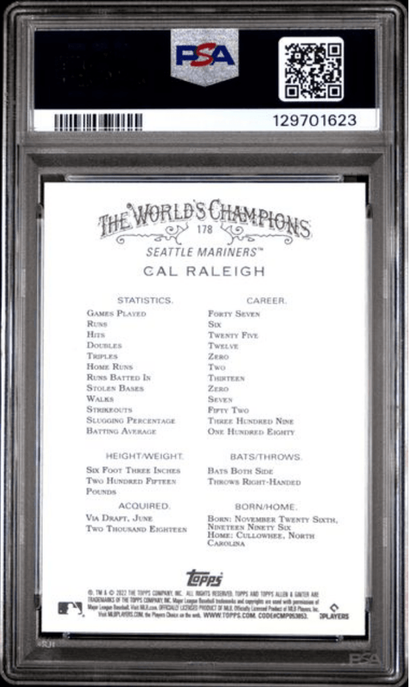 Graded 2022 Topps Allen & Ginter Cal Raleigh #178 Rookie RC Baseball Card PSA 10 Gem Mint