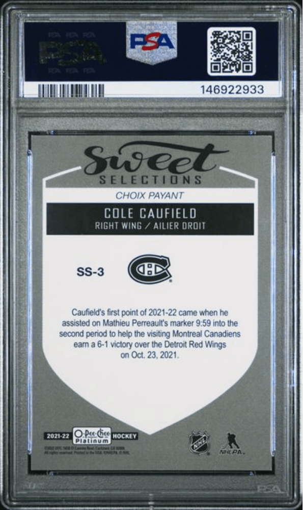 Graded 2021 Upper Deck OPC Platinum Cole Caufield #SS3 Sweet Selections Rookie RC Hockey Card PSA 10 Gem Mint
