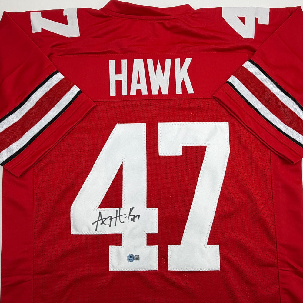Autographed/Signed AJ Hawk Ohio State Red College Football Jersey Beckett BAS COA