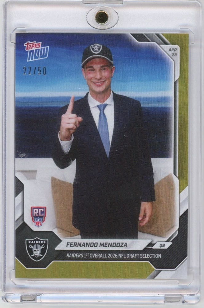 2026 Topps Now Fernando Mendoza #FMEN Gold Foil /50 Raiders 1st Overall 2026 NFL Draft Selection Las Vegas Raiders Rookie RC Football Card