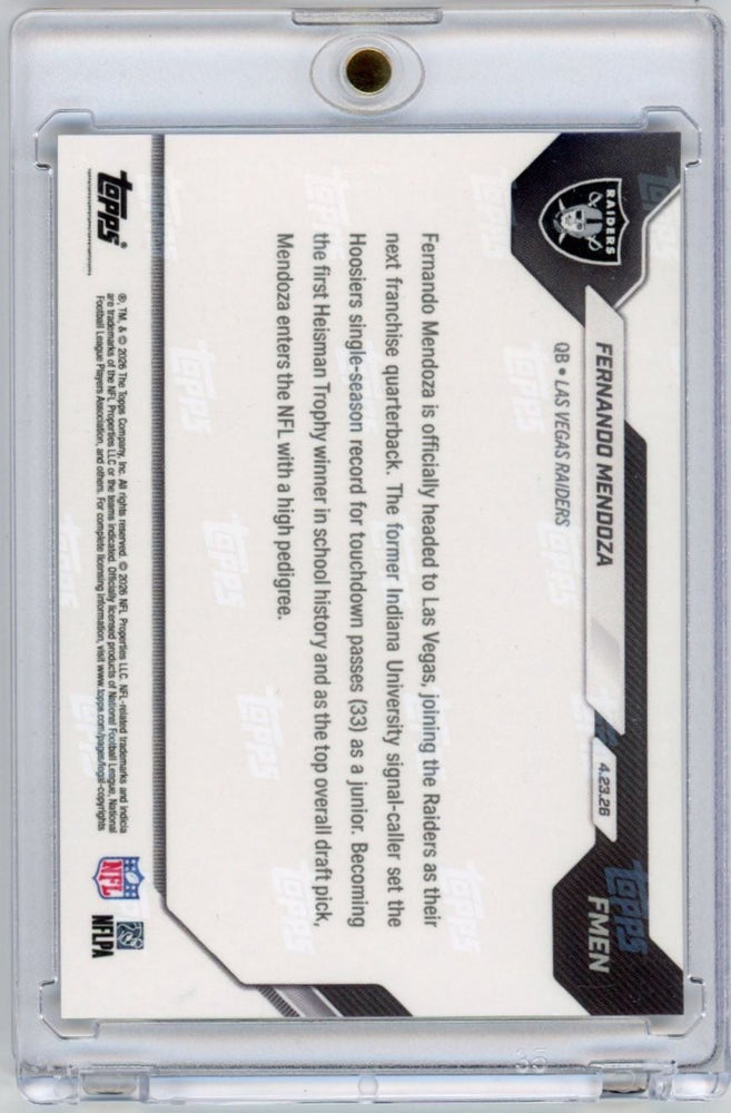 2026 Topps Now Fernando Mendoza #FMEN Gold Foil /50 Raiders 1st Overall 2026 NFL Draft Selection Las Vegas Raiders Rookie RC Football Card