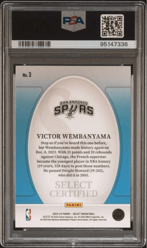 Graded 2023 Panini Select Victor Wembanyama #3 Certified Rookie RC Basketball Card PSA 10 Gem Mint