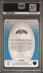 Graded 2023 Panini Select Victor Wembanyama #3 Certified Rookie RC Basketball Card PSA 10 Gem Mint