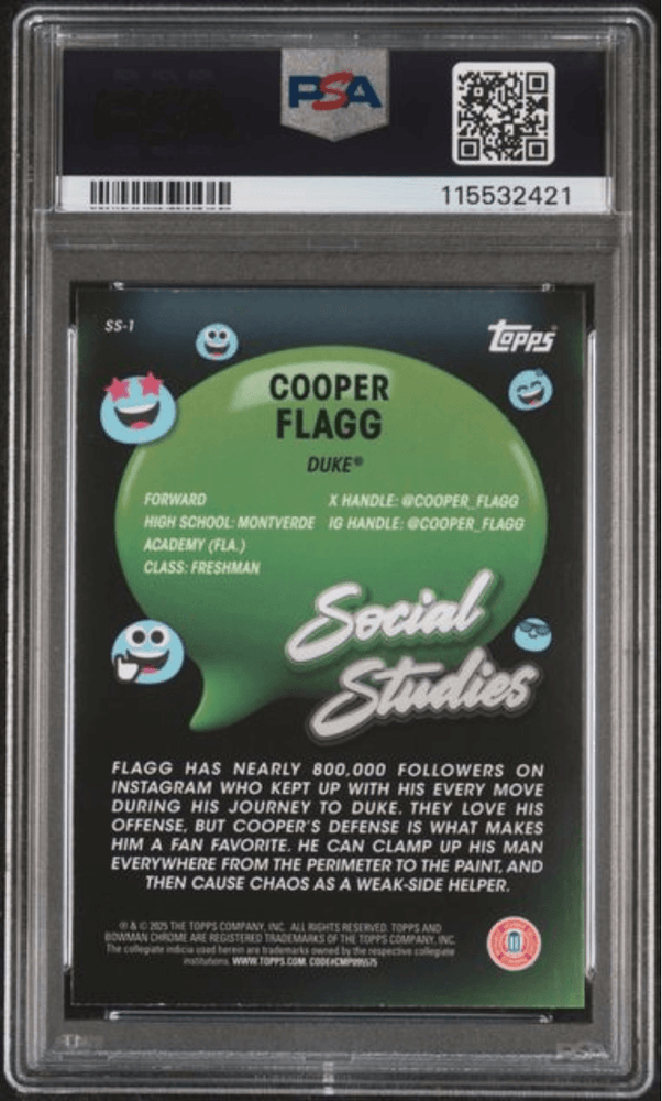 Graded 2024 Topps Bowman Chrome U Cooper Flagg #SS1 Social Studies Rookie RC Basketball Card PSA 9 Mint