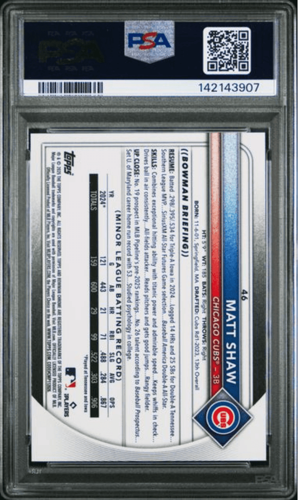 Graded 2025 Topps Bowman Chrome Matt Shaw #46 Green Wave /99 Rookie RC Baseball Card PSA 10 Gem Mint