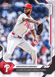 2026 Topps Now Cristopher Sanchez #258 Club Mark for Longest Scoreless Innings Pitched Streak Philadelphia Phillies Baseball Card