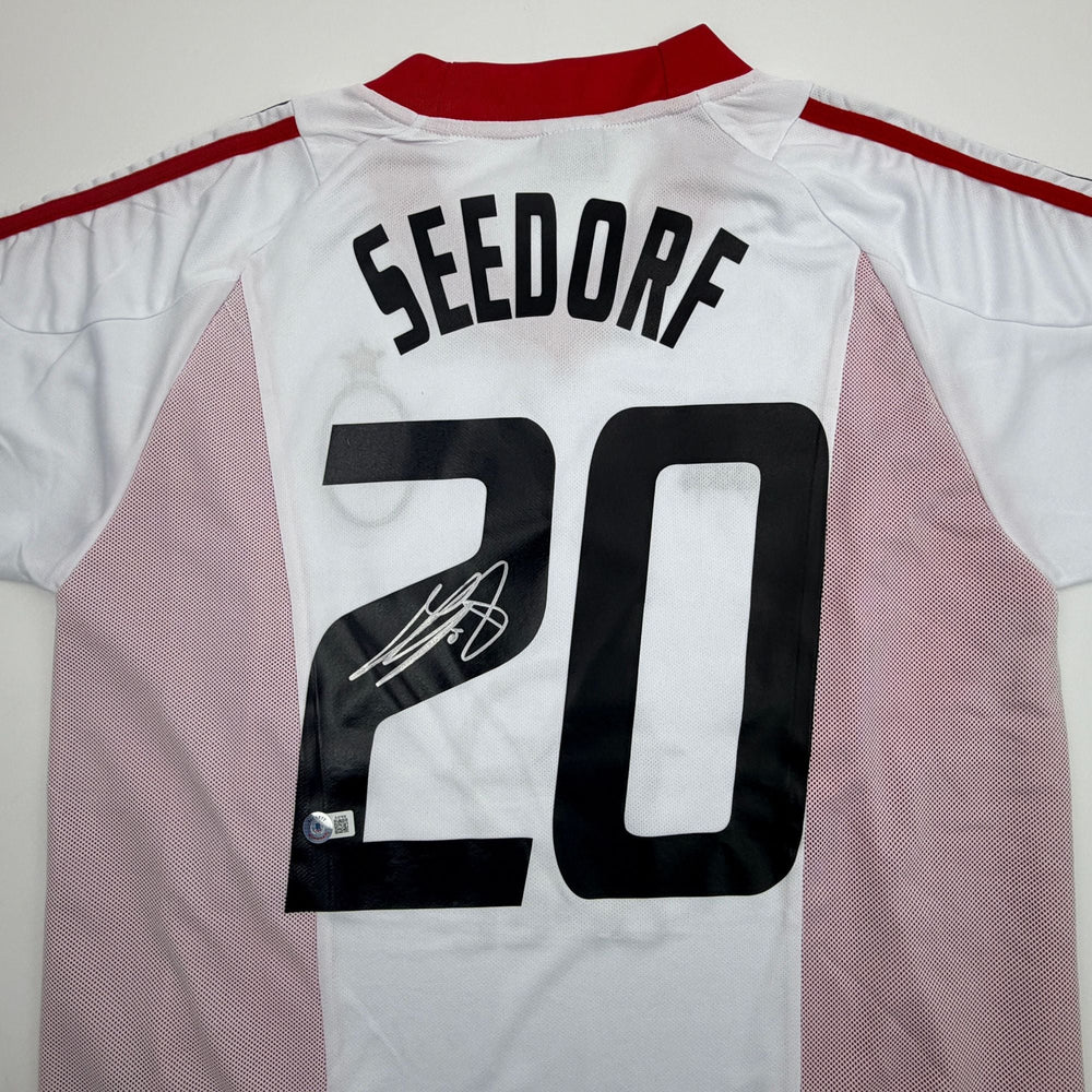 Autographed/Signed Clarence Seedorf AC Milan White Soccer Futbol Jersey Beckett BAS COA
