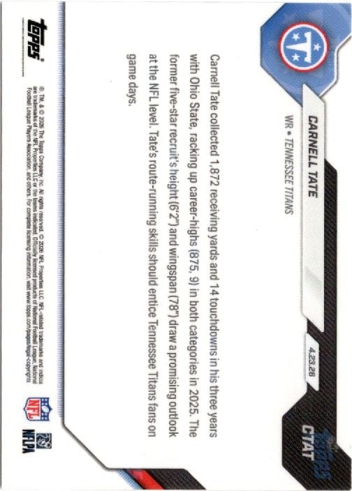 2026 Topps Now Carnell Tate #CTAT Orange Foil /25 Titans 4th Overall 2026 NFL Draft Selection Tennessee Titans Rookie RC Football Card