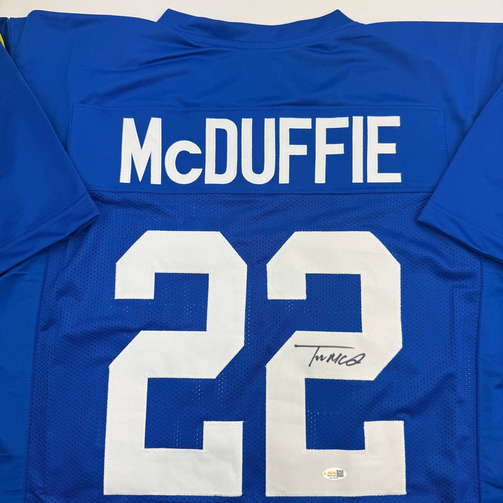 Autographed/Signed Trent McDuffie Los Angeles LA Blue Football Jersey Beckett BAS COA