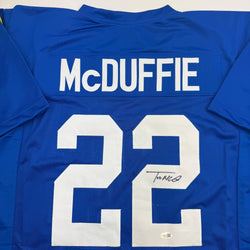 Autographed/Signed Trent McDuffie Los Angeles LA Blue Football Jersey Beckett BAS COA