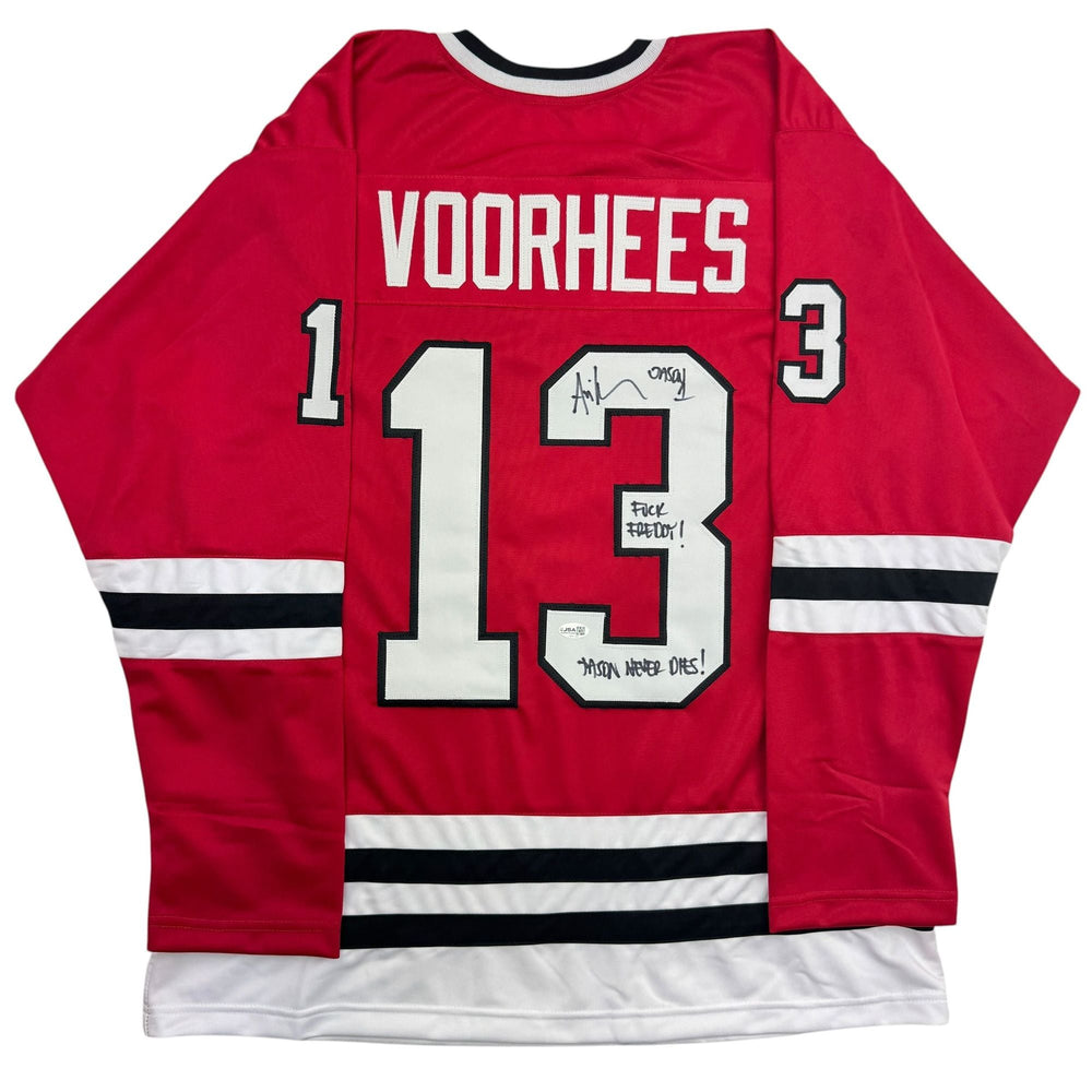 Autographed/Signed Ari Lehman Jason Voorhees Friday The 13th Movie Red Jersey JSA COA