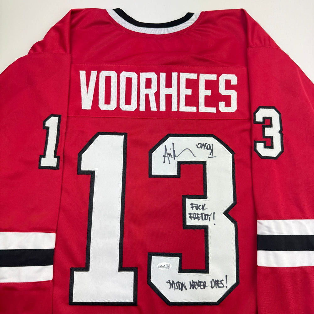 Autographed/Signed Ari Lehman Jason Voorhees Friday The 13th Movie Red Jersey JSA COA