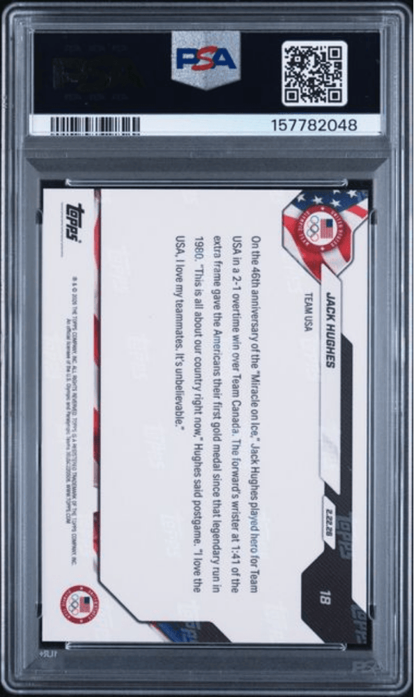 Graded 2026 Topps Now Olympics Jack Hughes #18 Team USA Hockey Card PSA 10 Gem Mint