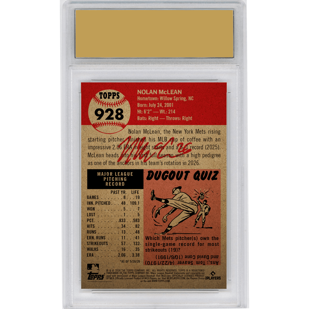 Graded 2026 Topps Living Nolan McLean #928 New York Mets Rookie RC Baseball Card HOFSM 10 Gem Mint