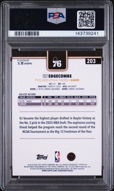Graded 2025 Topps VJ Edgecombe #203 Blackout Refractor Rookie RC Basketball Card PSA 9 Mint