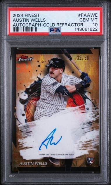 Graded 2024 Topps Finest Austin Wells #FAAWE /50 Gold Refractor Autograph Rookie RC Baseball Card PSA 10 Gem Mint