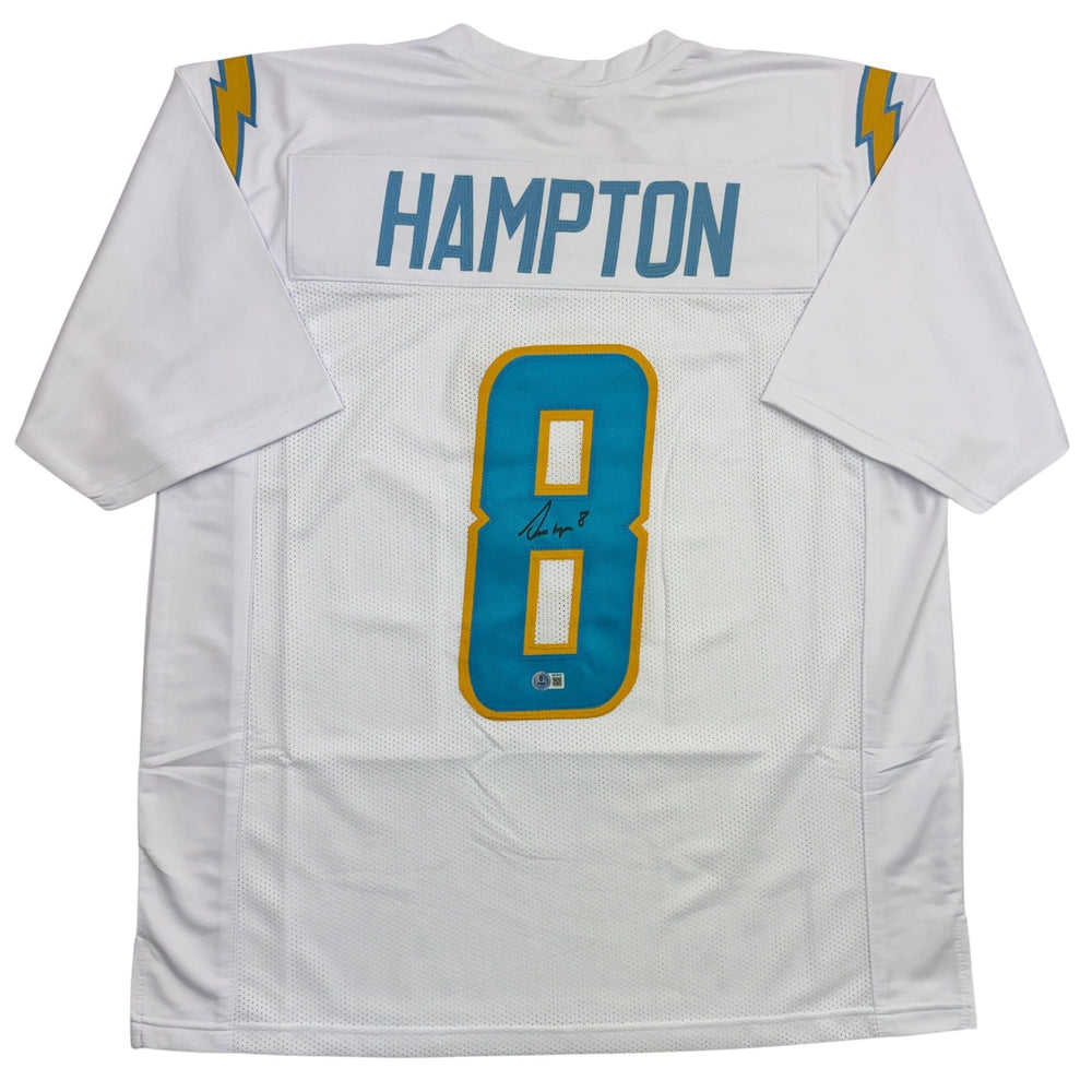 Autographed/Signed Omarion Hampton Los Angeles San Diego White Football Jersey Beckett BAS COA