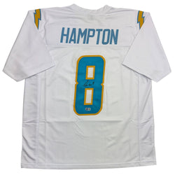 Autographed/Signed Omarion Hampton Los Angeles San Diego White Football Jersey Beckett BAS COA