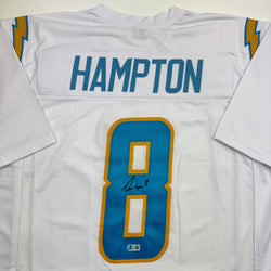 Autographed/Signed Omarion Hampton Los Angeles San Diego White Football Jersey Beckett BAS COA