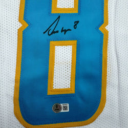 Autographed/Signed Omarion Hampton Los Angeles San Diego White Football Jersey Beckett BAS COA