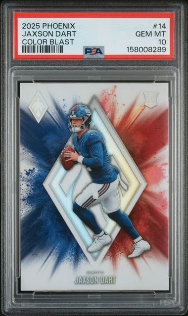 Graded 2025 Panini Phoenix Jaxson Dart #14 Color Blast Rookie RC Football Card PSA 10 Gem Mint