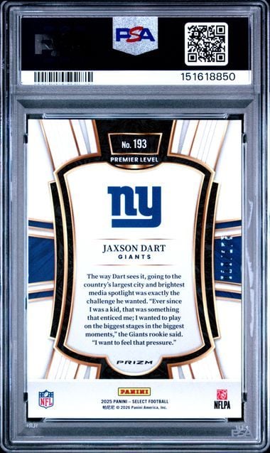 Graded 2025 Panini Select Jaxson Dart #193 /175 Blue Prizm Rookie RC Football Card PSA 10 Gem Mint