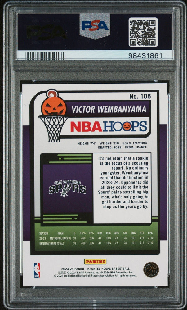 Graded 2023 Panini NBA Haunted Hoops Victor Wembanyama #108 Orange Rookie RC Basketball Card PSA 10 Gem Mint