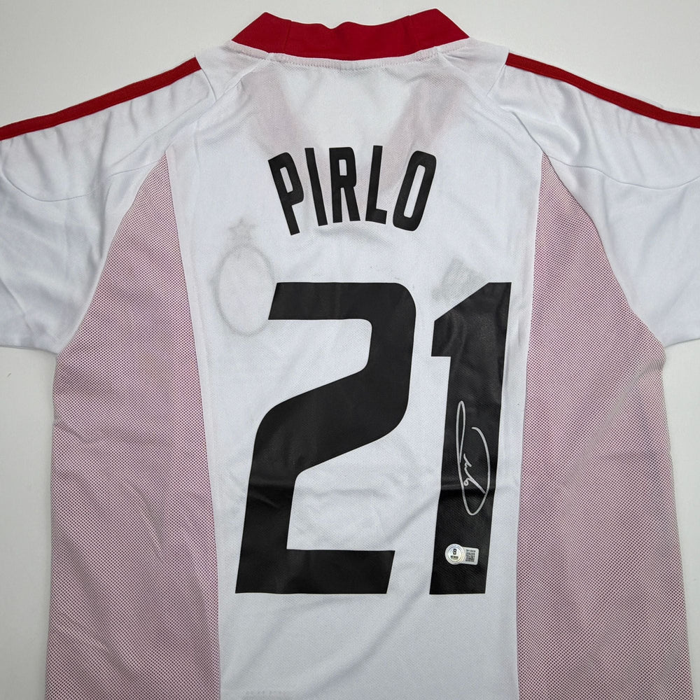 Autographed/Signed Andrea Pirlo AC Milan White Soccer Futbol Jersey Beckett BAS COA