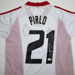 Autographed/Signed Andrea Pirlo AC Milan White Soccer Futbol Jersey Beckett BAS COA