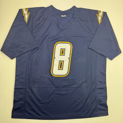Autographed/Signed Omarion Hampton Los Angeles San Diego Dark Blue Football Jersey Beckett BAS COA