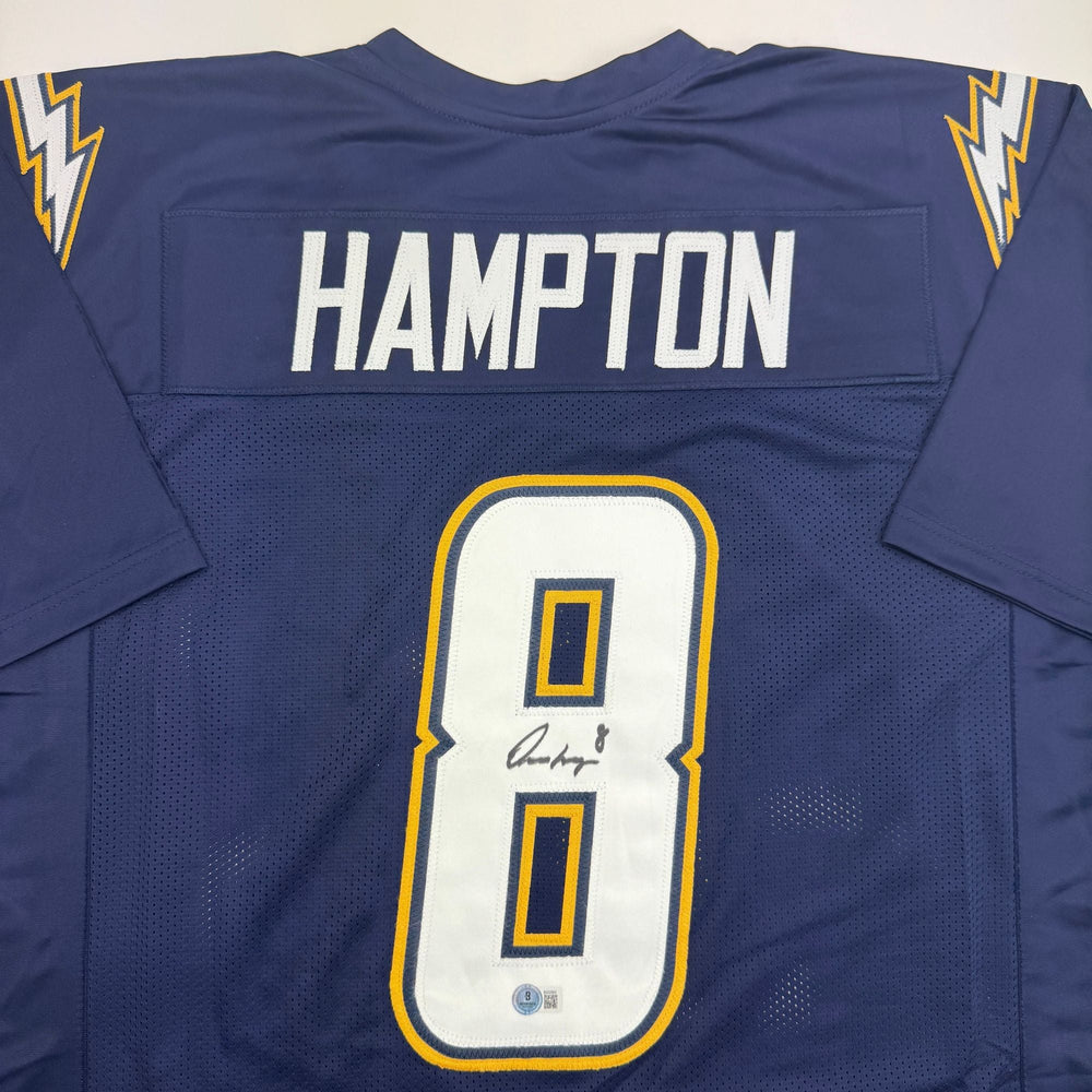 Autographed/Signed Omarion Hampton Los Angeles San Diego Dark Blue Football Jersey Beckett BAS COA
