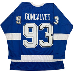 Autographed/Signed Gage Goncalves Tampa Bay Blue Hockey Jersey JSA COA