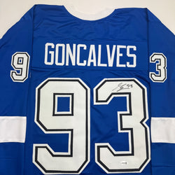 Autographed/Signed Gage Goncalves Tampa Bay Blue Hockey Jersey JSA COA