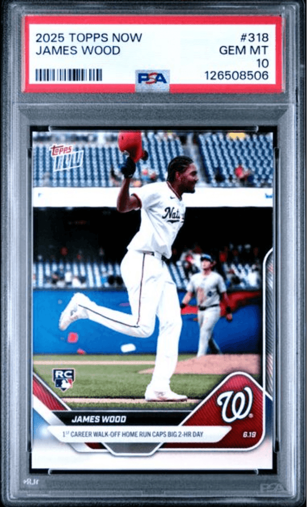 Graded 2025 Topps Now James Wood #318 1st Career Walk Off Home Run Caps Big 2 Home Run Day Rookie RC Baseball Card PSA 10 Gem Mint