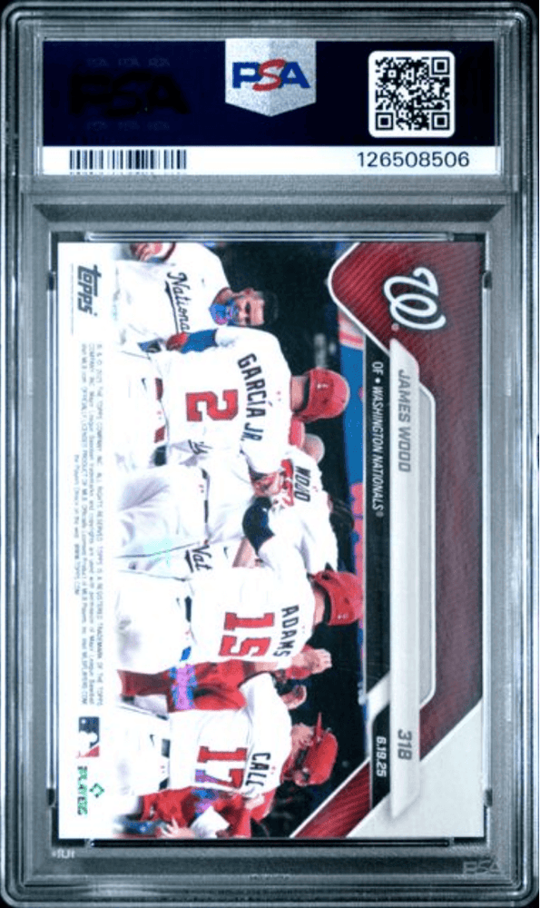 Graded 2025 Topps Now James Wood #318 1st Career Walk Off Home Run Caps Big 2 Home Run Day Rookie RC Baseball Card PSA 10 Gem Mint