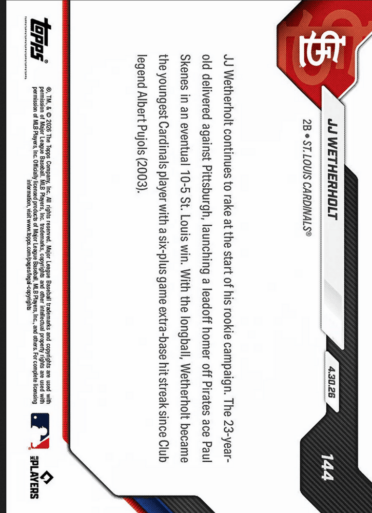 2026 Topps Now JJ Wetherholt #144 Gold Foil /50 Leadoff Blast Cements Cardinals XBH Lore St Louis Cardinals Rookie RC Baseball Card