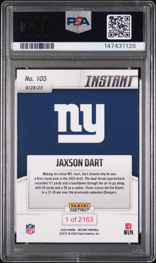 Graded 2025 Panini Instant Jaxson Dart #105 Rookie RC Football Card PSA 9 Mint