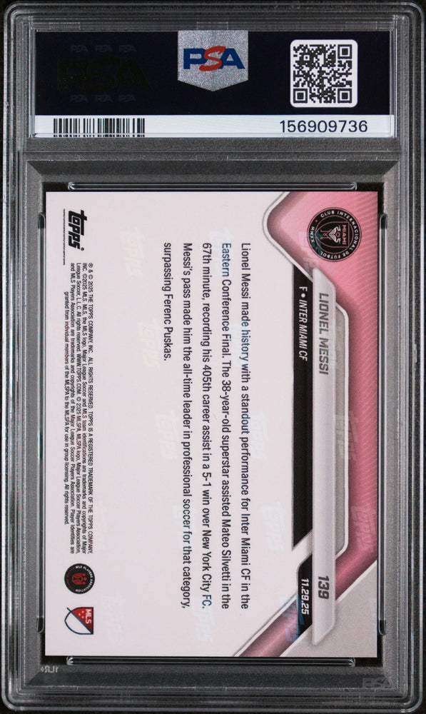 Graded 2025 Topps Now MLS Lionel Messi #139 New World Assists Record Soccer Card PSA 10 Gem Mint