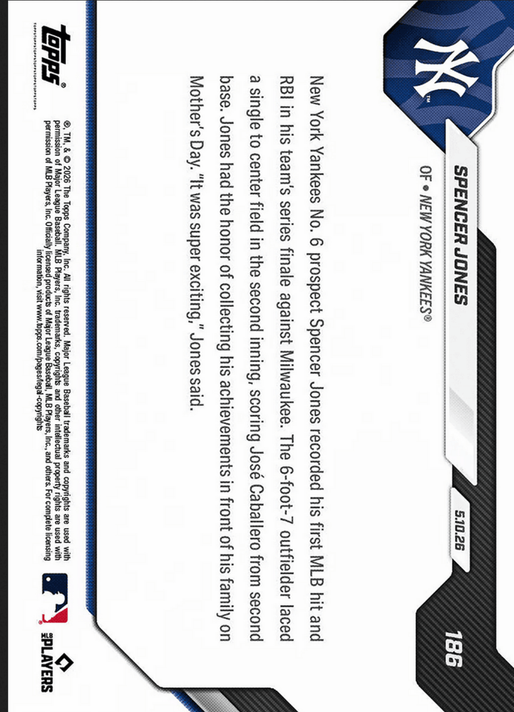 2026 Topps Now Spencer Jones #186 Gold Foil /50 Yankees Number 6 Prospect Logs 1st MLB Hit and RBI New York Yankees Rookie RC Baseball Card