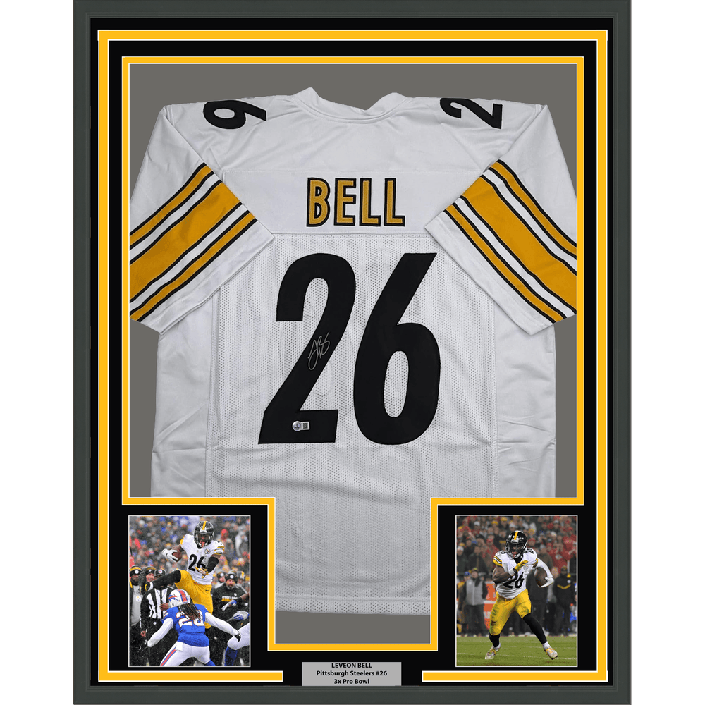 Framed Autographed/Signed Le'Veon LeVeon Bell 35x39 Pittsburgh White Football Jersey Beckett BAS COA
