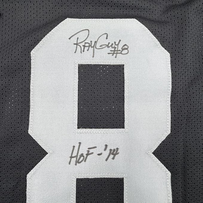 Framed Autographed/Signed Ray Guy HOF 14 35x39 Oakland Las Vegas Black Football Jersey JSA COA