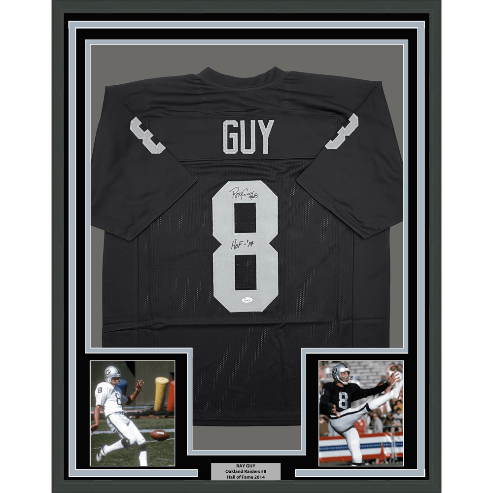 Framed Autographed/Signed Ray Guy HOF 14 35x39 Oakland Las Vegas Black Football Jersey JSA COA