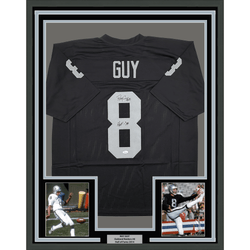 Framed Autographed/Signed Ray Guy HOF 14 35x39 Oakland Las Vegas Black Football Jersey JSA COA
