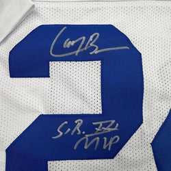Framed Autographed/Signed Larry Brown 35x39 SB MVP Dallas White Football Jersey JSA COA