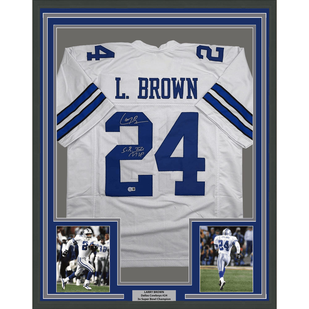 Framed Autographed/Signed Larry Brown 35x39 SB MVP Dallas White Football Jersey JSA COA