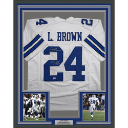 Framed Autographed/Signed Larry Brown 35x39 SB MVP Dallas White Football Jersey JSA COA