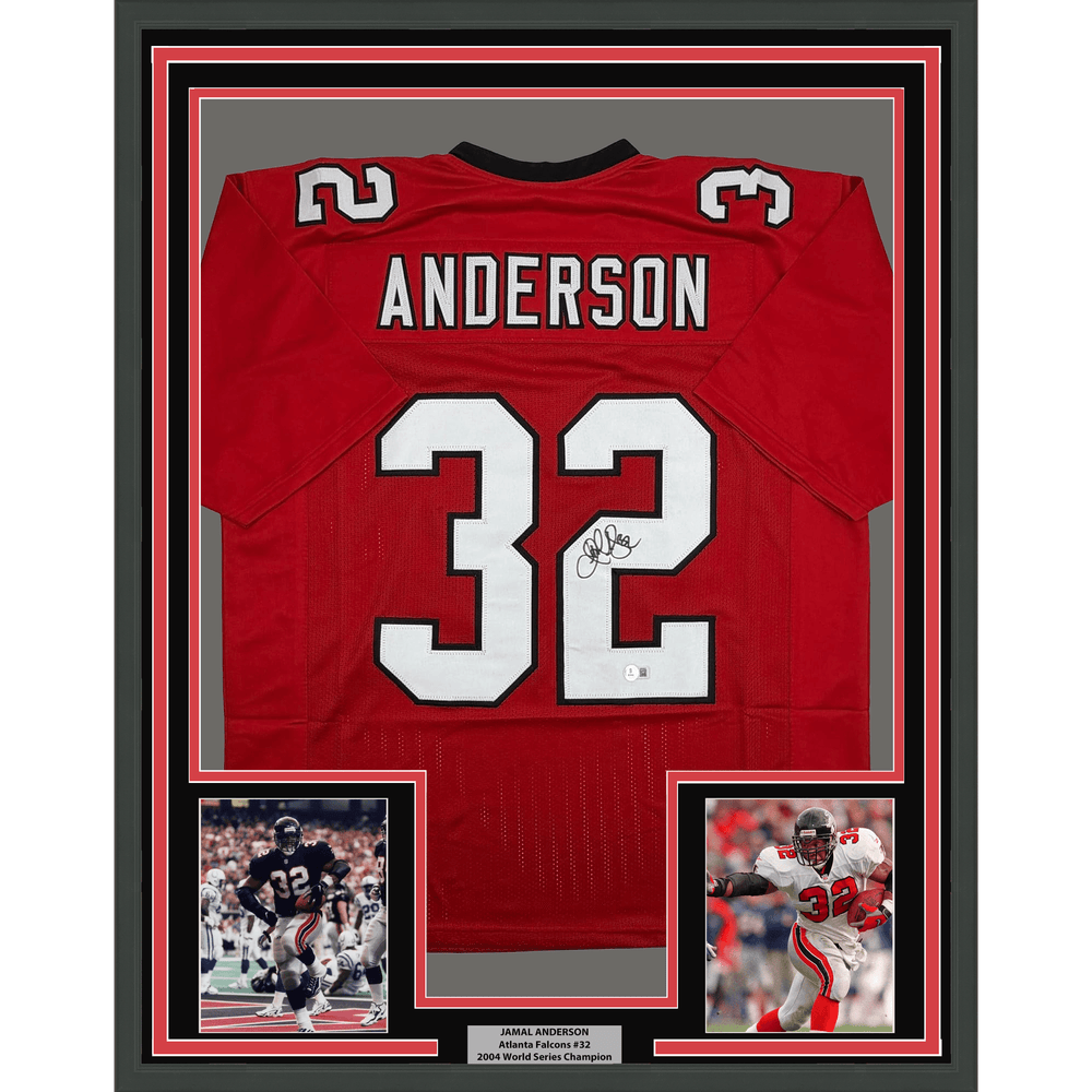Framed Autographed/Signed Jamal Anderson 35x39 Atlanta Red Football Jersey Beckett BAS COA