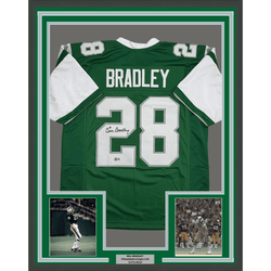 Framed Autographed/Signed Bill Bradley 35x39 Philadelphia Kelly Green Football Jersey Beckett BAS COA