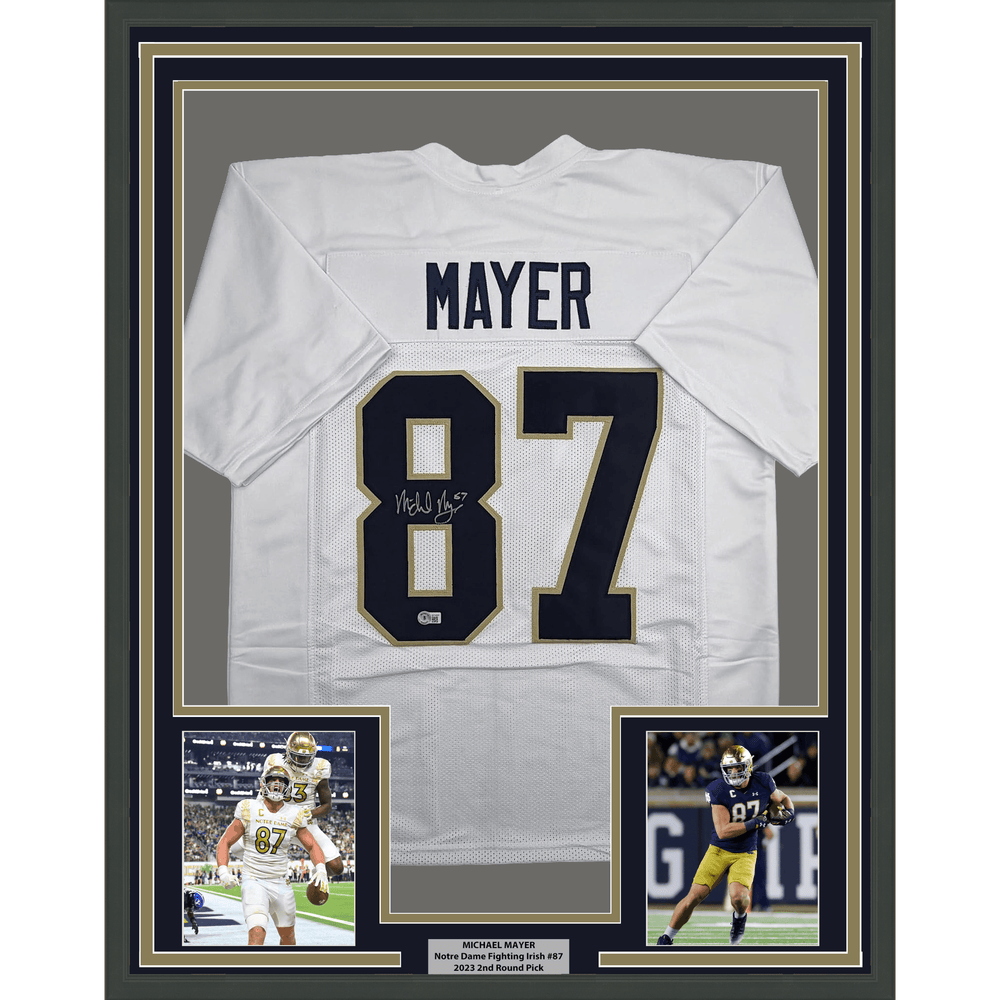 Framed Autographed/Signed Michael Mayer 35x39 Notre Dame White College Football Jersey Beckett BAS COA